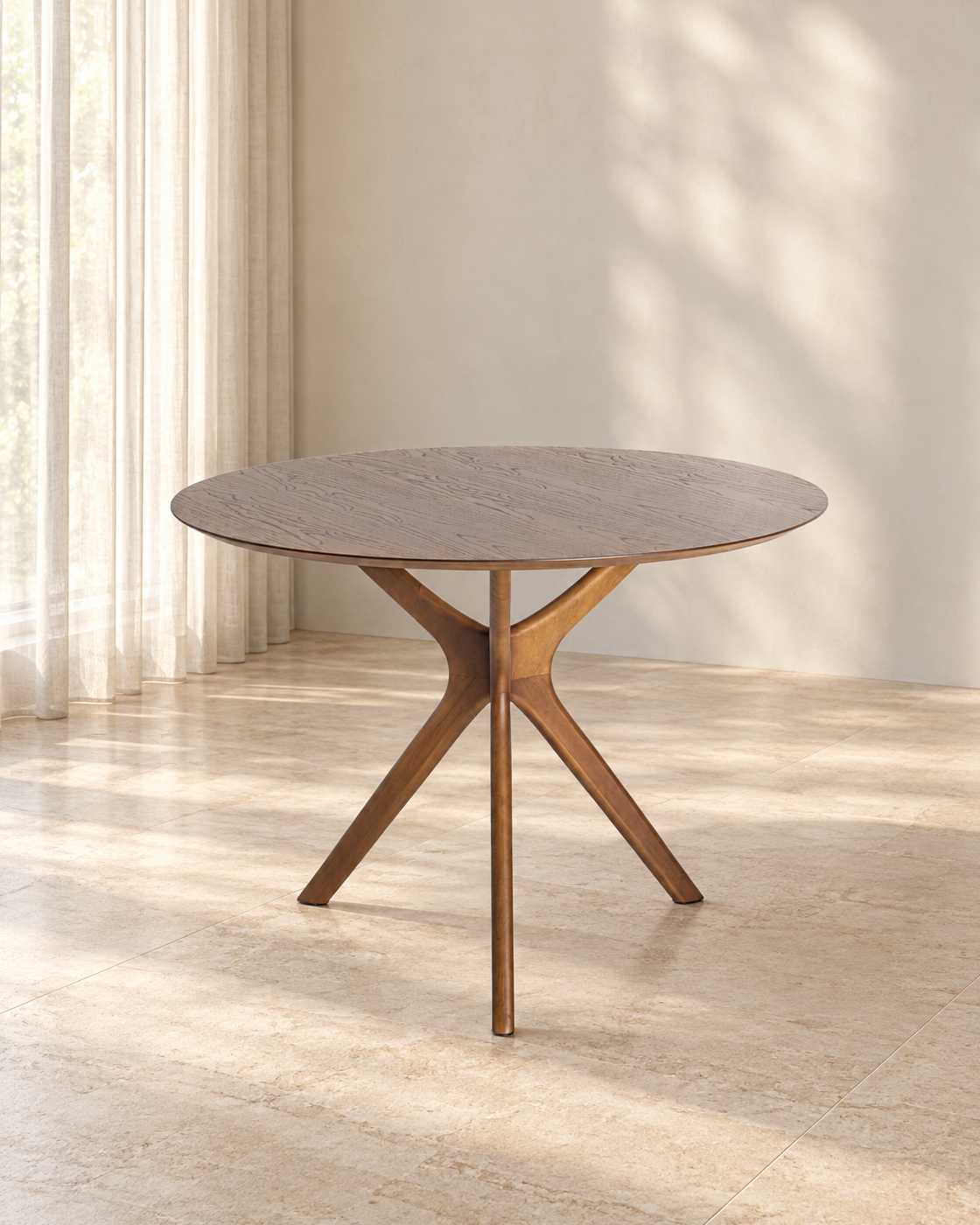 Mesa de Jantar Redonda Bali em ambiente claro, imagem vertical 4:5