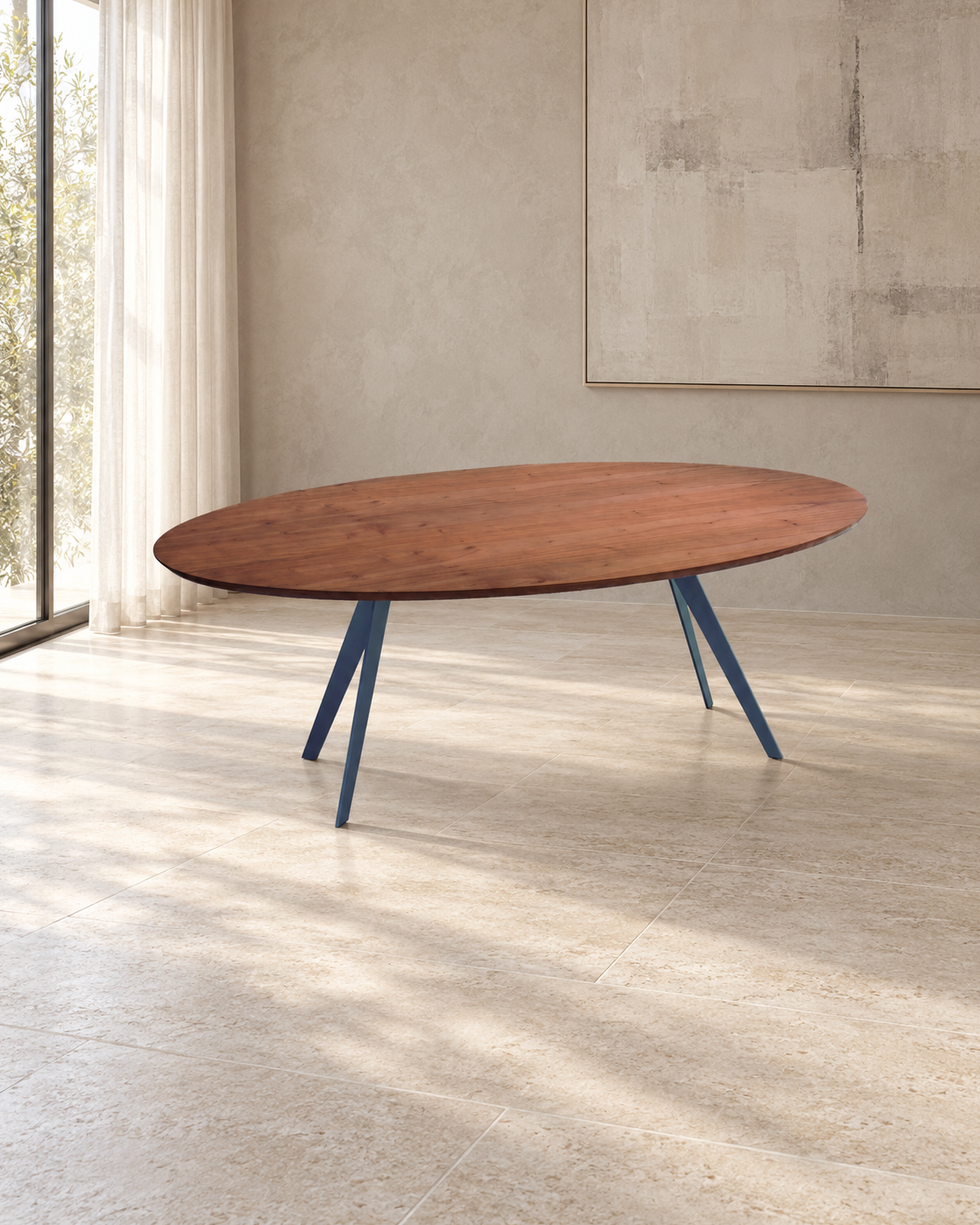 Mesa de Jantar Oval Steel em ambiente claro, imagem vertical 4:5