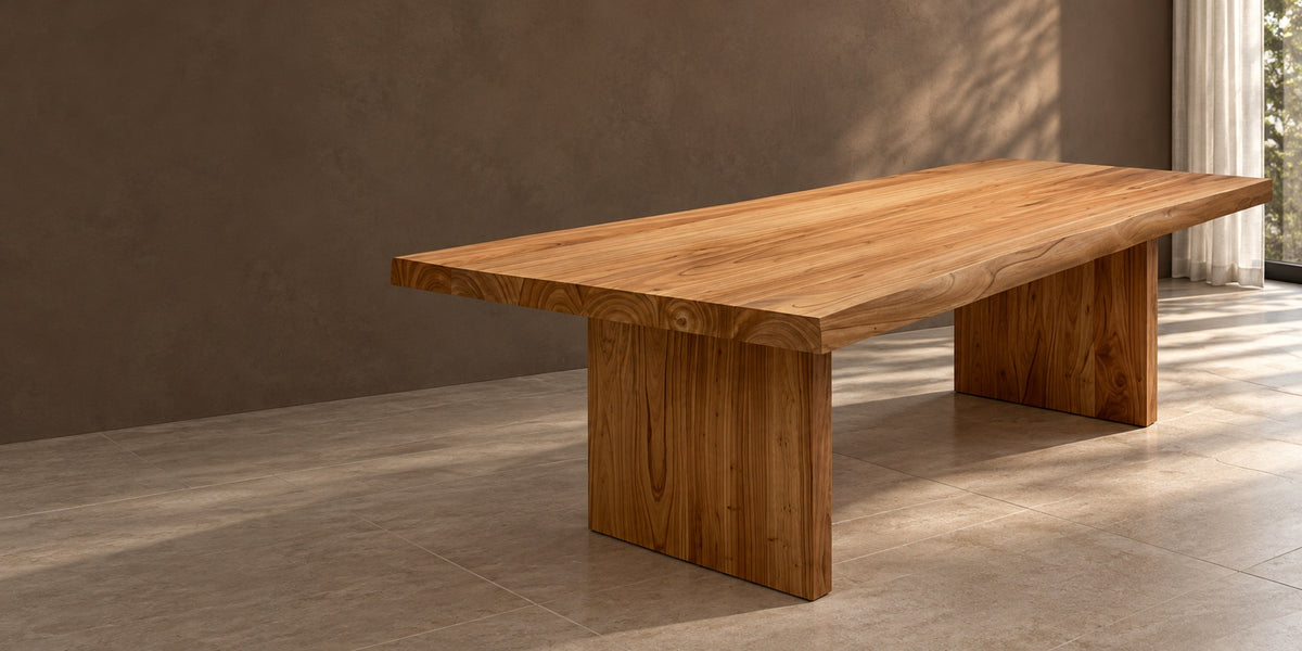 Mesa de Jantar Rosmari em madeira maciça com borda orgânica e bases retas