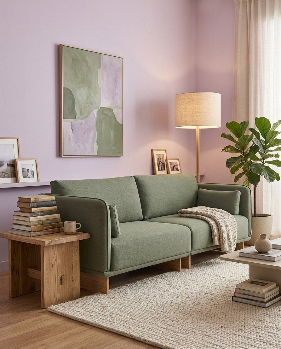 Sofá verde-oliva em sala com parede lilás, mesa lateral de madeira e tapete off-white