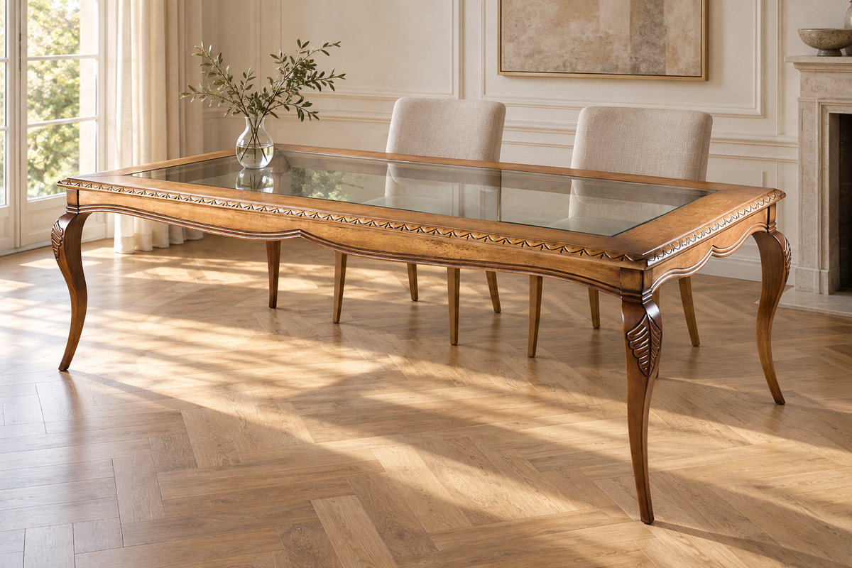 Mesa de Jantar Hillux com madeira tauari e tampo em vidro; ambientação ilustrativa gerada com IA.