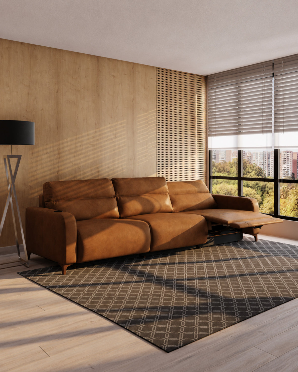 Huske em couro natural — sofa ambientada — composição de três módulos
