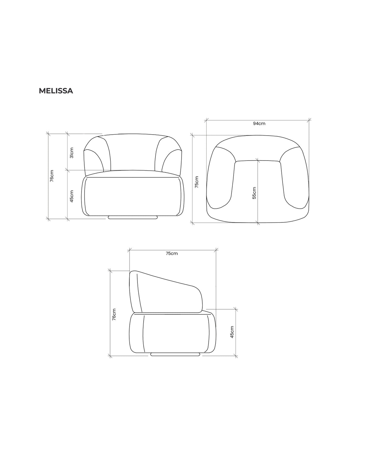 Desenho técnico com as medidas da Poltrona Giratória Melina