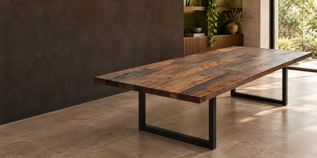 Mesa de Jantar Molitza com tampo em madeira de demolição e base em aço carbono preto