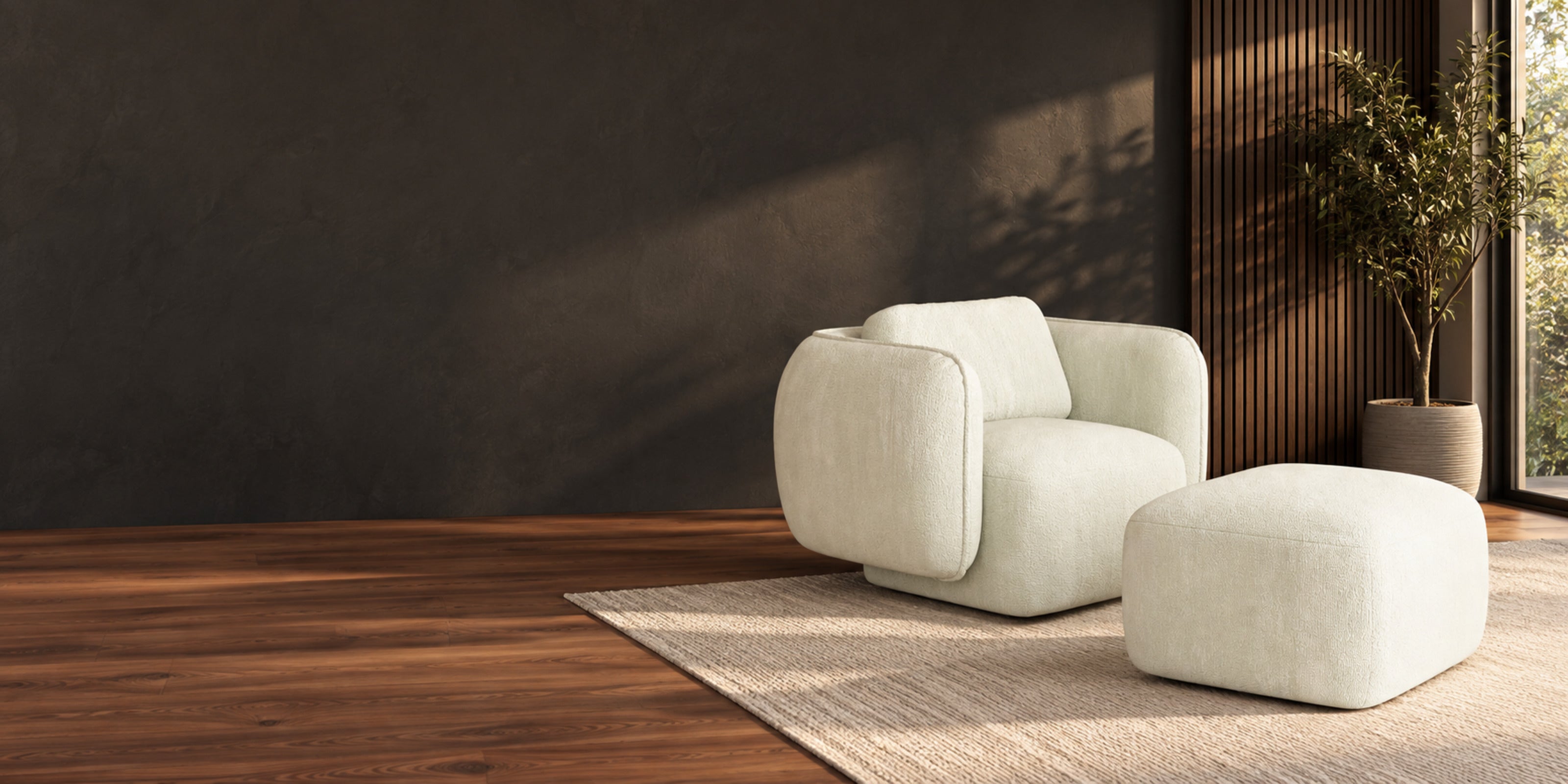 Poltrona Giratória Ollen com puff — imagem editorial para desktop