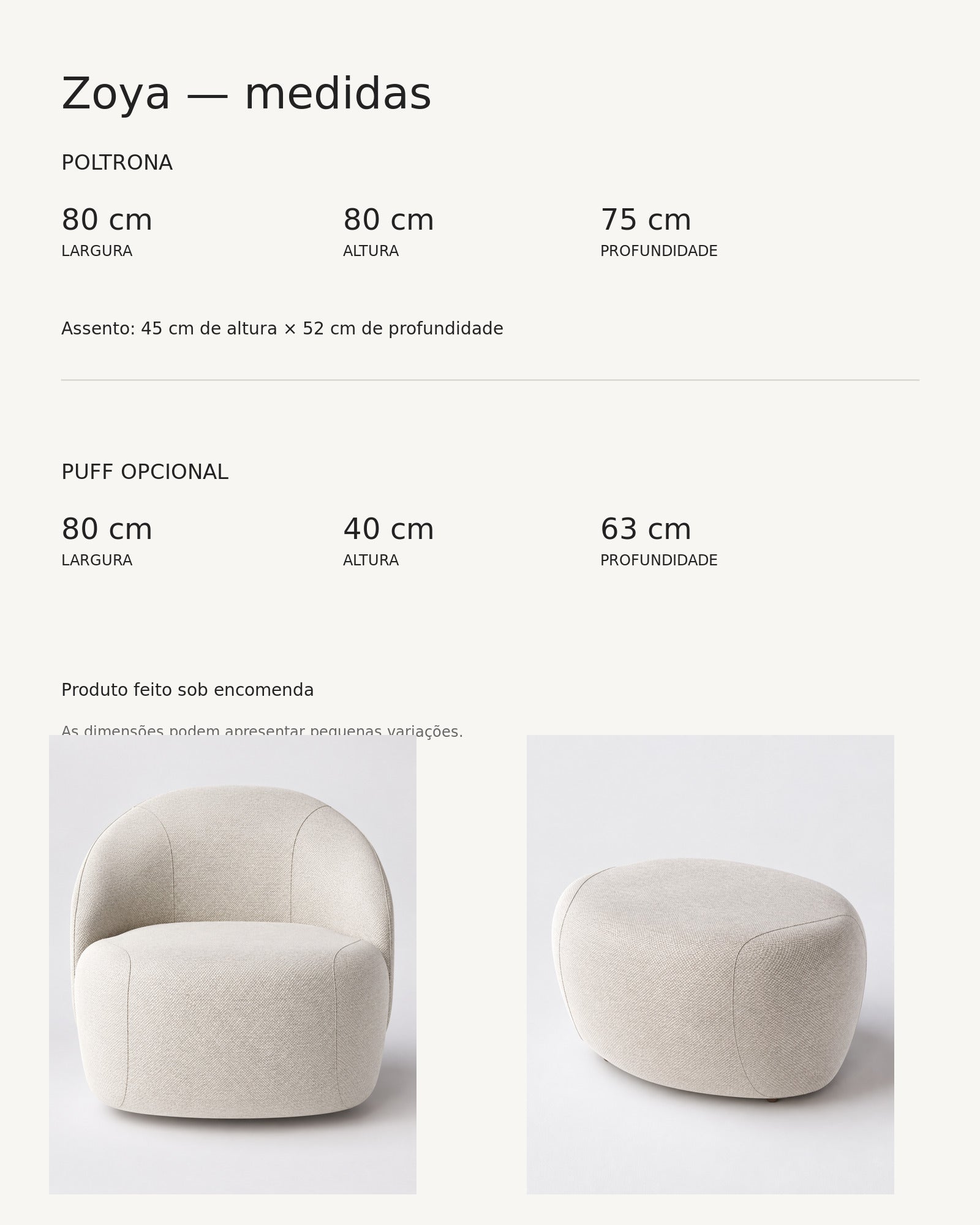 Medidas da Poltrona Zoya e do puff opcional